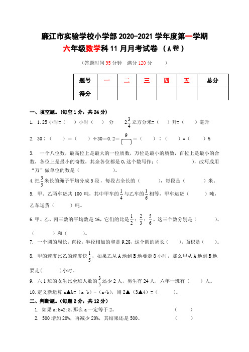 广东省廉江市实验学校六年级11月月考数学试题A卷