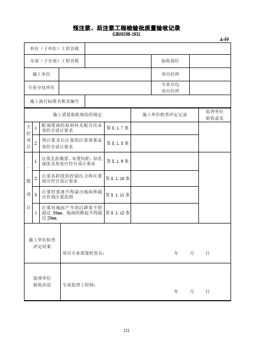 预注浆、后注浆工程检验批质量验收记录