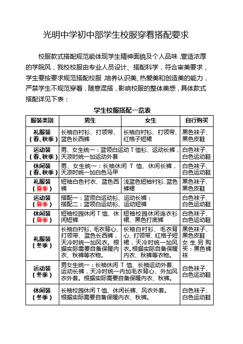 初中部学生校服穿着搭配要求