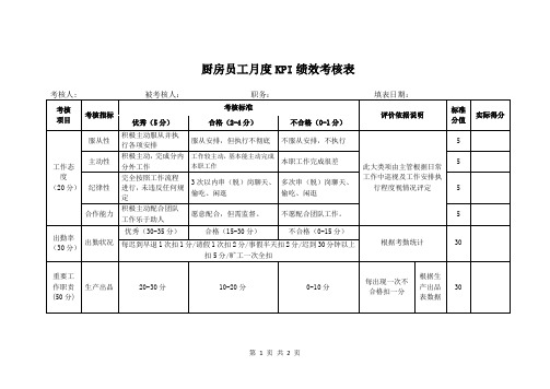 厨房员工月度KPI绩效考核表