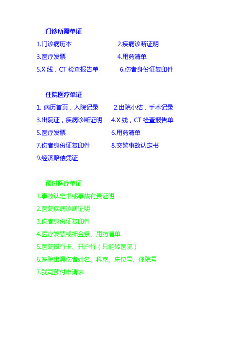 保险公司处理交通事故所需医疗单证(住院,门诊,预赔)