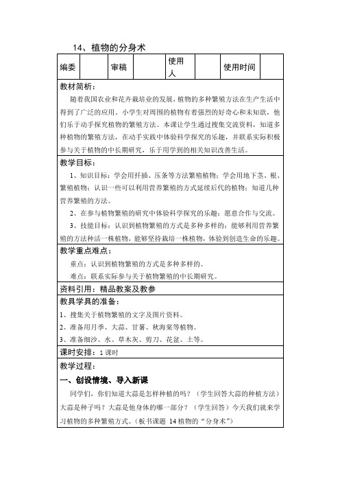 五年级下册科学教案   14、植物的分身术     青岛版(六年制)