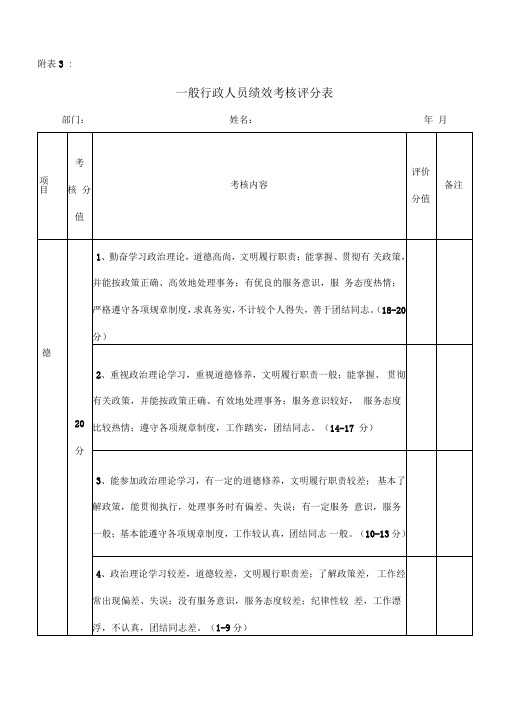 一般行政人员绩效考核评分表