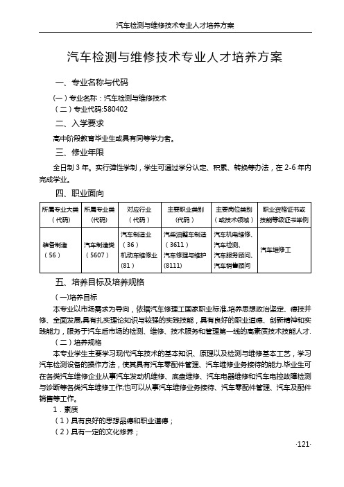 汽车检测与维修技术专业人才培养方案