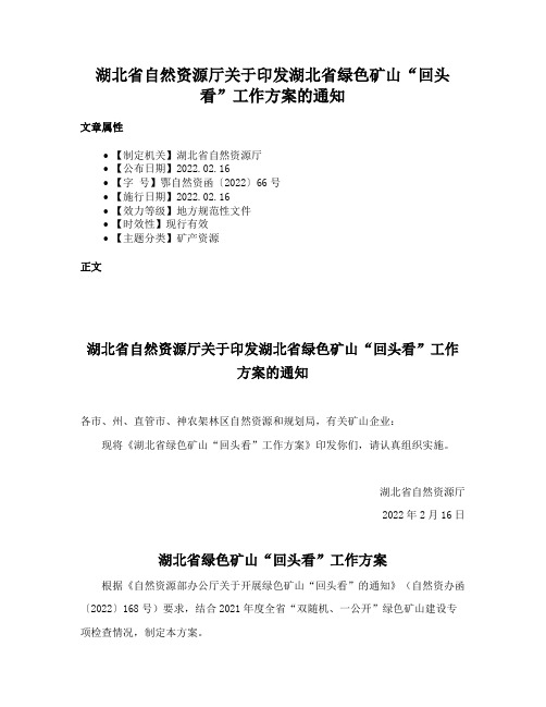 湖北省自然资源厅关于印发湖北省绿色矿山“回头看”工作方案的通知