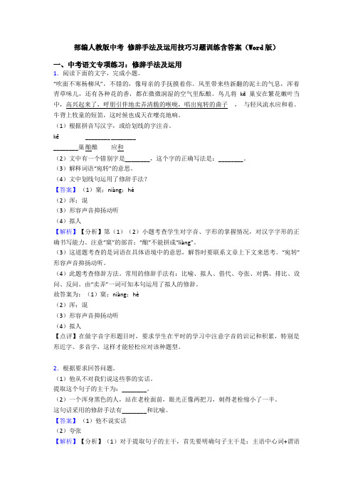 部编人教版中考 修辞手法及运用技巧习题训练含答案(Word版)