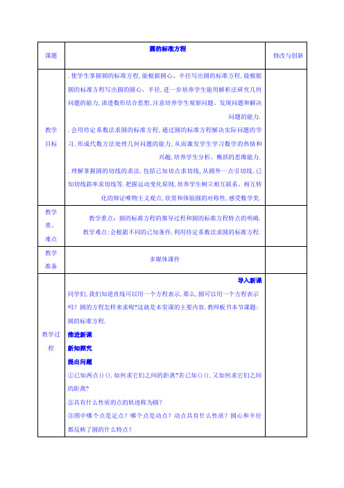 高一数学人教A版必修2教案4.1.1 圆的标准方程