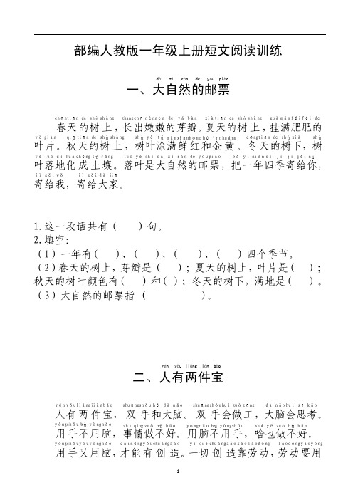 人教版一年级语文上册阅读练习题(带拼音)36篇有答案附14个看图写话无水印