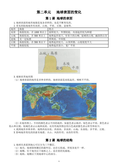 小学科学教科版五年级上册第二单元《地球表面的变化》知识点(共7课)(2021新版)