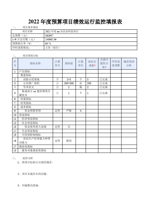 2022年度预算项目绩效运行监控填报表