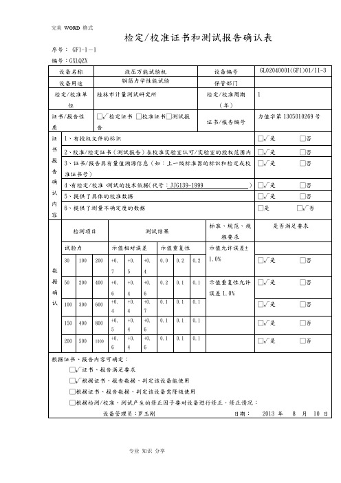 试验室仪器设备检定校准证书和测试报告确认表[公司范本]