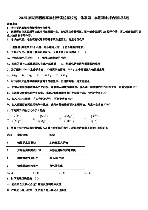 2025届湖南省邵东县创新实验学校高一化学第一学期期中综合测试试题含解析