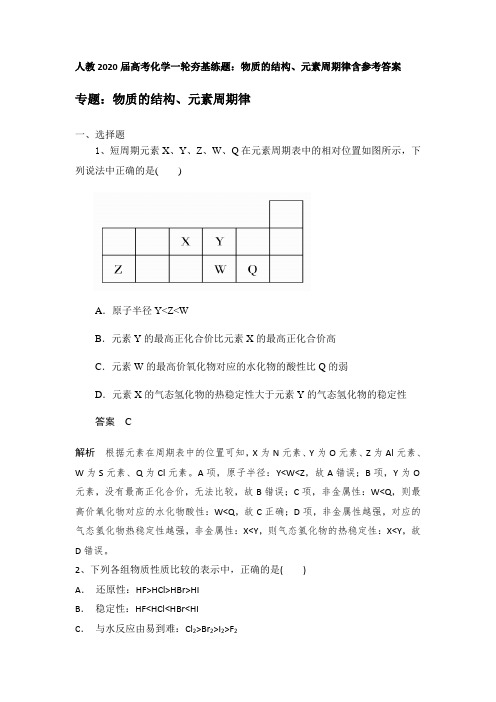 【精品整理】2020届人教版高考化学一轮基础训练：物质的结构、元素周期律含参考答案