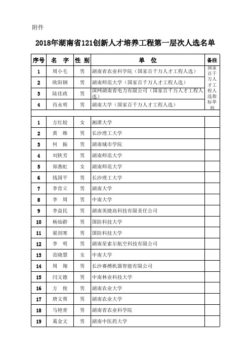 2018年湖南省121创新人才培养工程第一层次人选名单