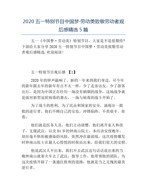 精品-2020五一特别节目中国梦·劳动美致敬劳动者观后感精选5篇