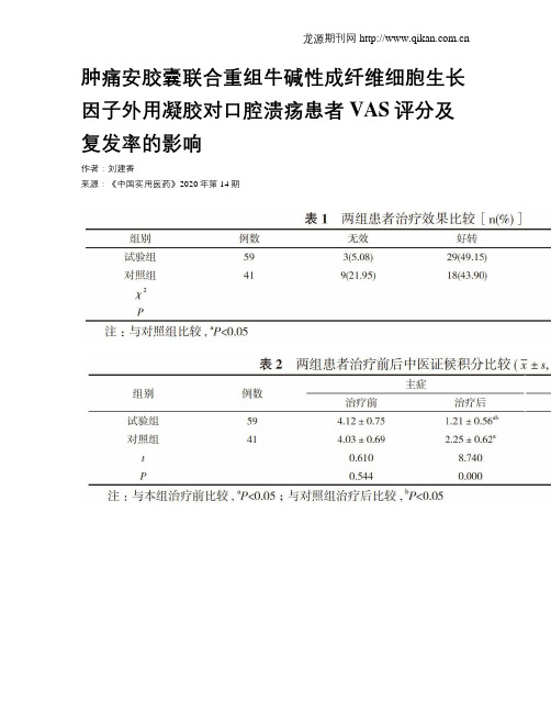 肿痛安胶囊联合重组牛碱性成纤维细胞生长因子外用凝胶对口腔溃疡