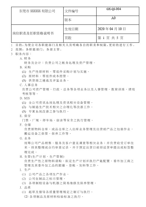 岗位职责及任职资格说明书