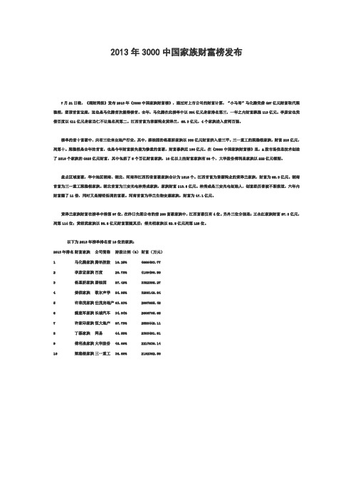 2013年3000中国家族财富榜发布