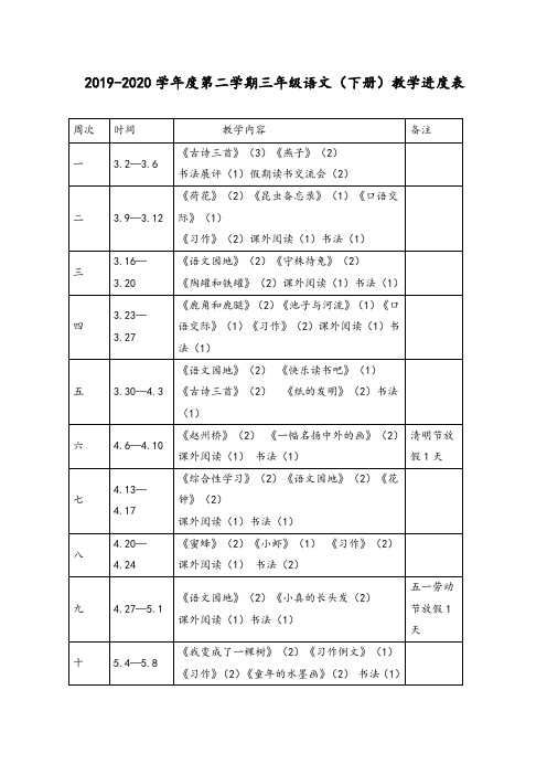 部编版统编三年级语文下册语教学进度表