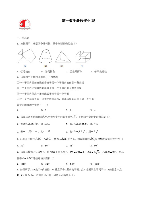 河北省辛集中学2020-2021学年高一下学期数学人教A版（2019）必修第二册暑假作业15