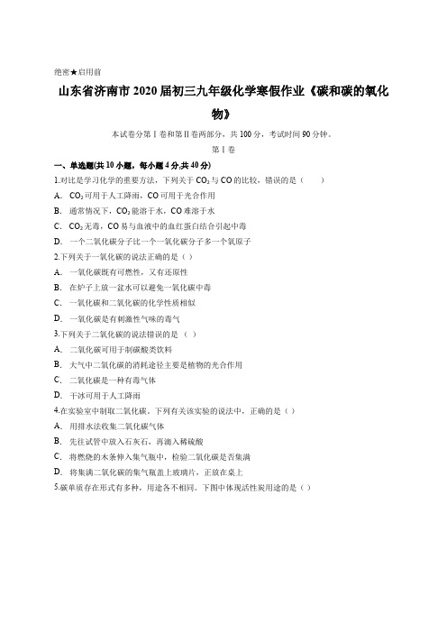 山东省济南市2020届初三九年级化学寒假作业《碳和碳的氧化物》含答案