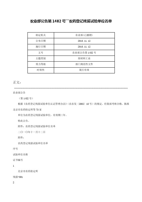 农业部公告第1482号――农药登记残留试验单位名单-农业部公告第1482号