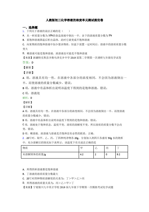 人教版初三化学溶液的浓度单元测试提优卷