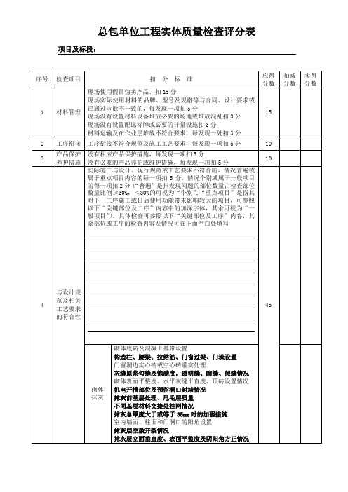 总包单位工程实体质量检查评分表(三季度)