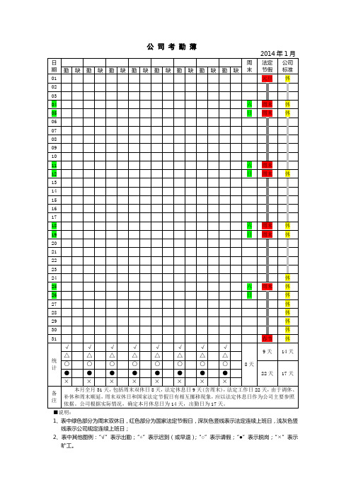 2014年公司考勤标准(全年)