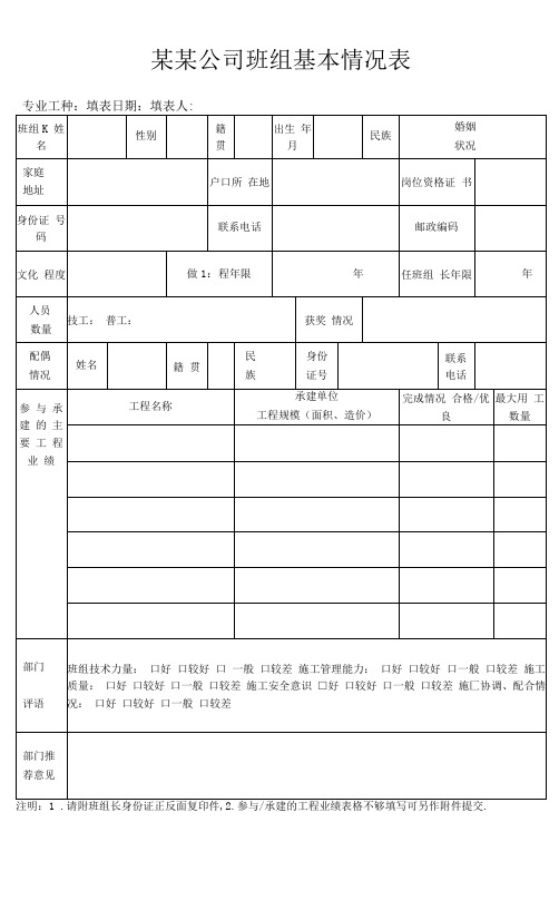 项目施工班组基本情况表