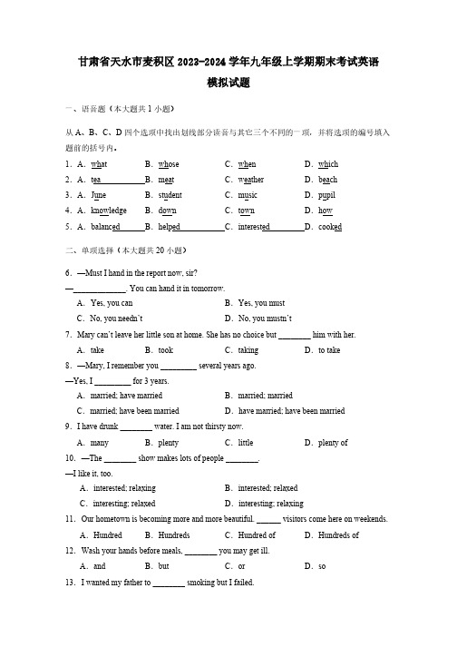 甘肃省天水市麦积区2023-2024学年九年级上学期期末考试英语模拟试题(含答案)