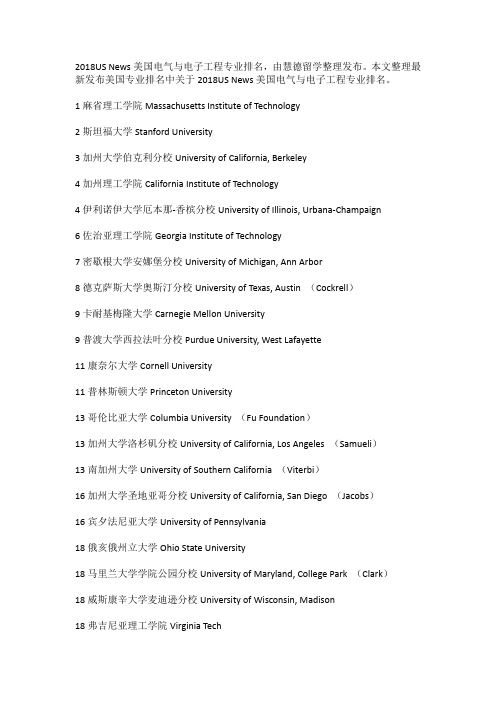 2018美国USNEWS电气与电子工程专业排名