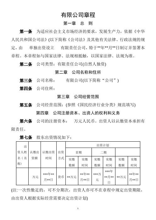 一人有限公司章程、委派书、承诺书