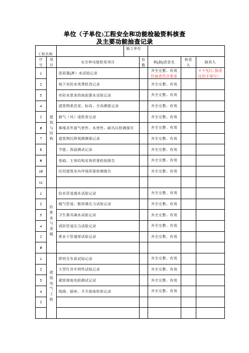 单位(子单位)工程安全和功能检验资料核查及主要功能抽查记录