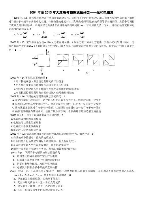 2004年至2013年天津高考物理试题分类——光和电磁波