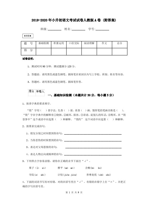 2019-2020年小升初语文考试试卷人教版A卷 (附答案)