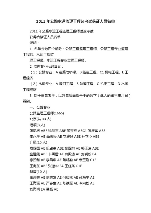 2011年公路水运监理工程师考试获证人员名单