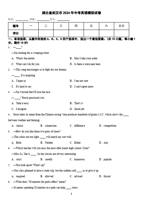 湖北省武汉市2024年中考英语模拟试卷(含答案)
