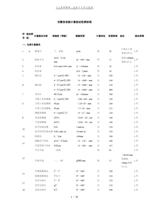 安徽省省级计量检定收费标准