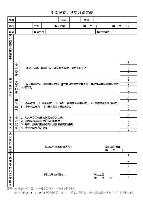 中南民族大学实习鉴定表