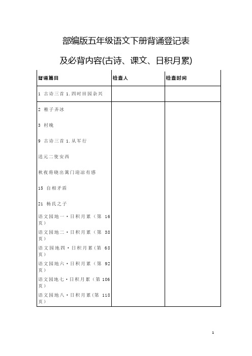 部编版五年级语文下册背诵登记表及必背内容(课文古诗日积月累)