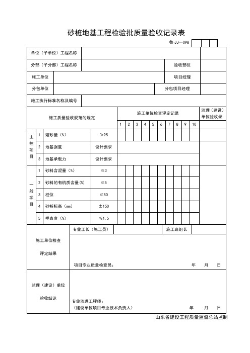 JJ098砂桩地基工程检验批质量验收记录表