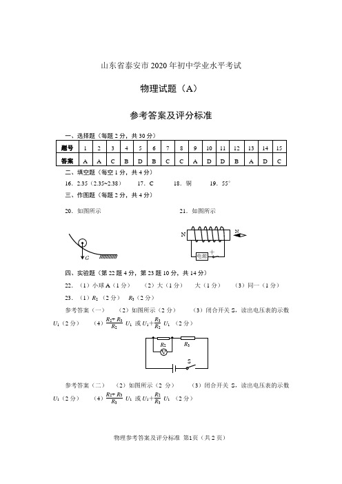 山东省泰安市2020年中考物理试题答案