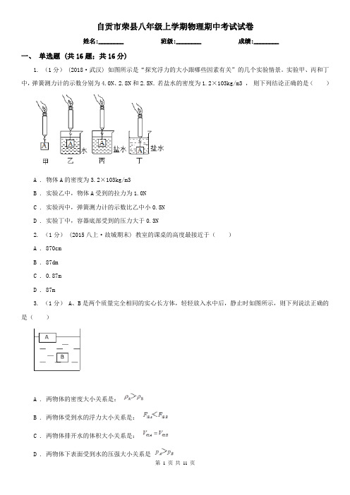 自贡市荣县八年级上学期物理期中考试试卷