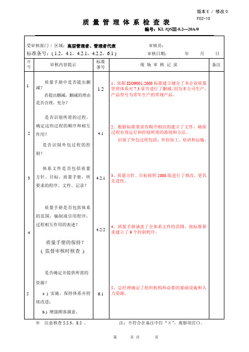 GACC 质 量 管 理 体 系 检 查 表