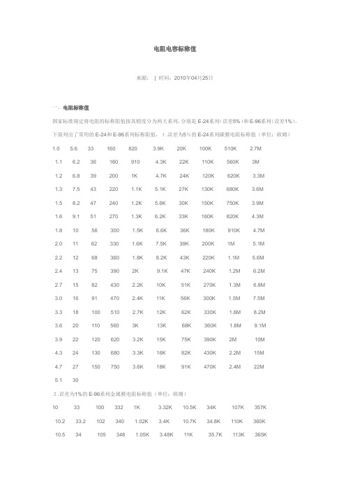 电阻电容标称值