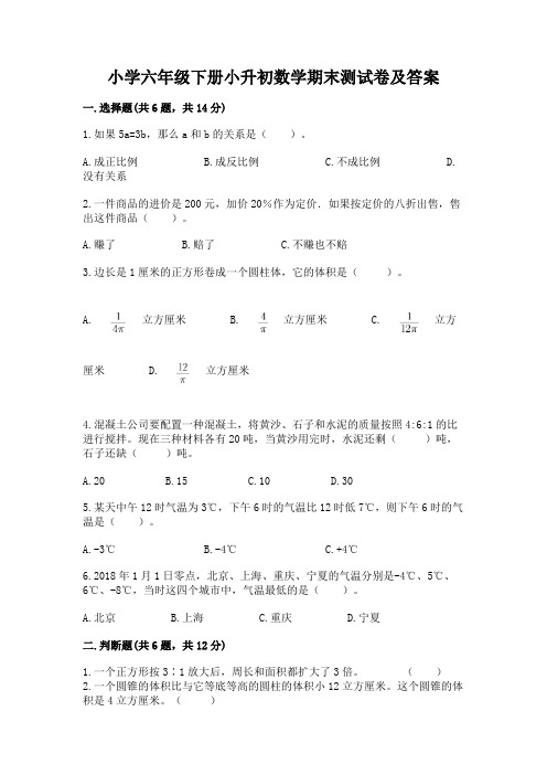 小学六年级下册小升初数学期末测试卷加答案(培优A卷)