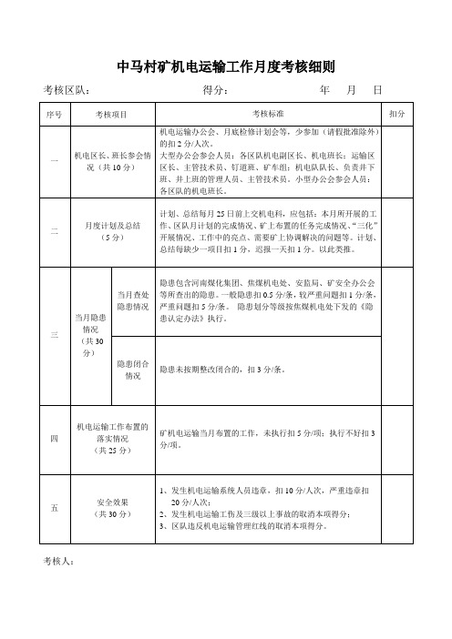 10月份机电运输月度考核表