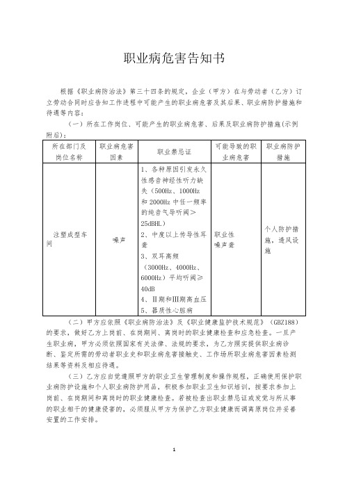 劳动合同职业病危害告知书(注塑成型车间)