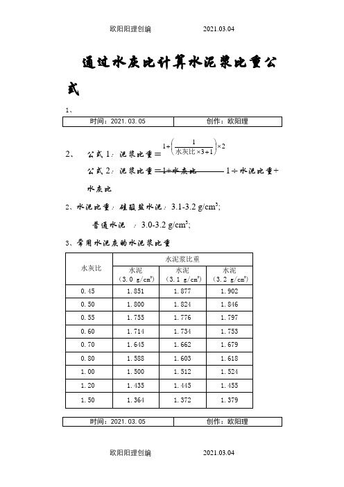 计算水泥浆比重公式